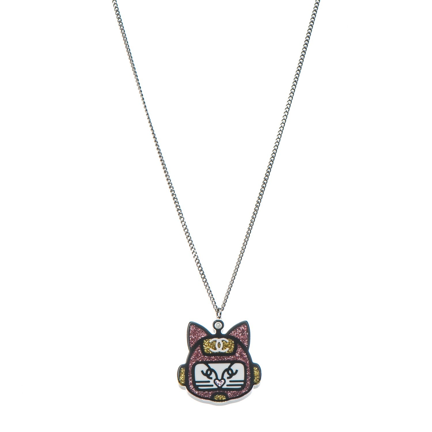 Chanel Glitter Crystal Robot Cat Necklace Black PInk 1 of 6