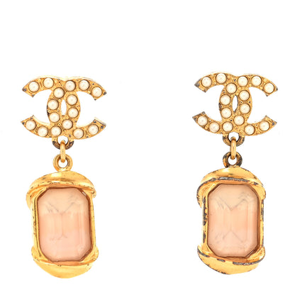 Chanel Metal Crystal Pearl CC Drop Earrings Gold Pink 1 of 5