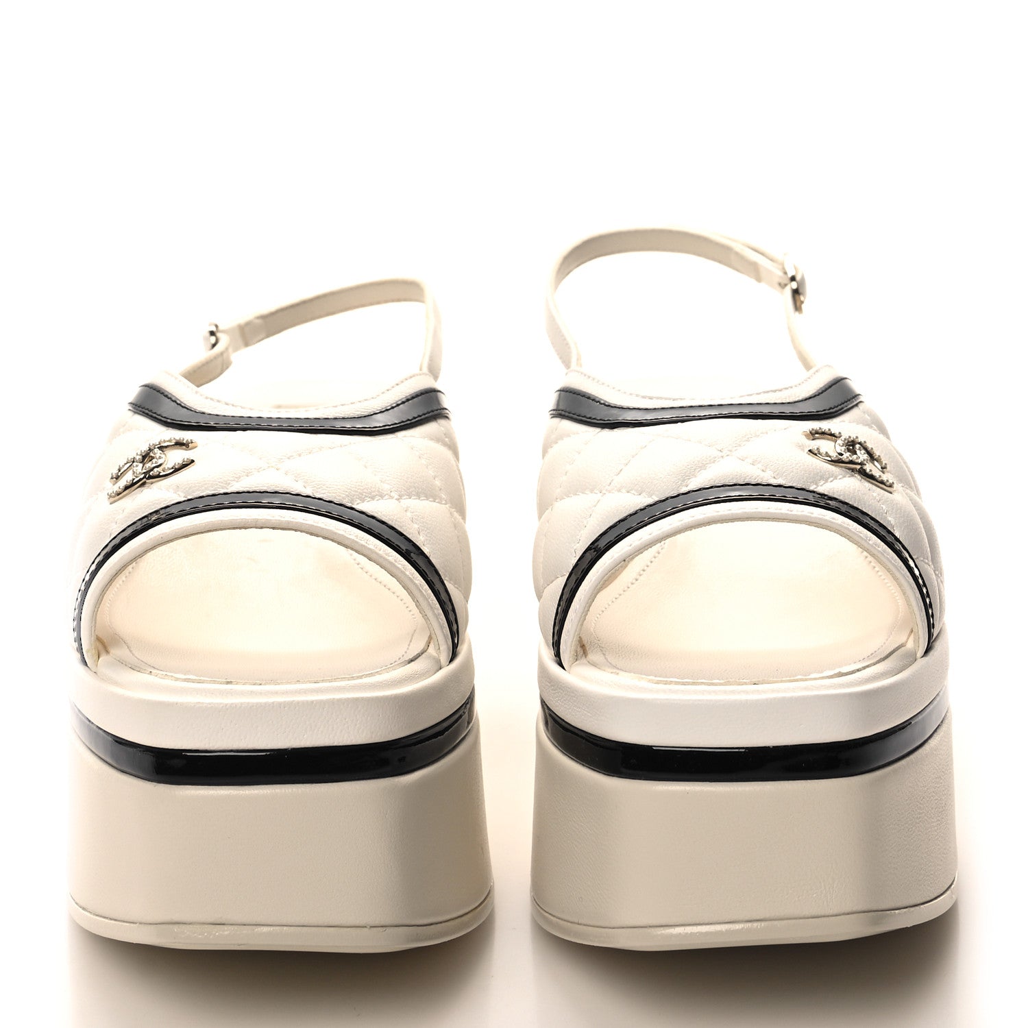 Chanel Lambskin Patent Quilted CC Platform Sandals 37 White Black 2 of 9