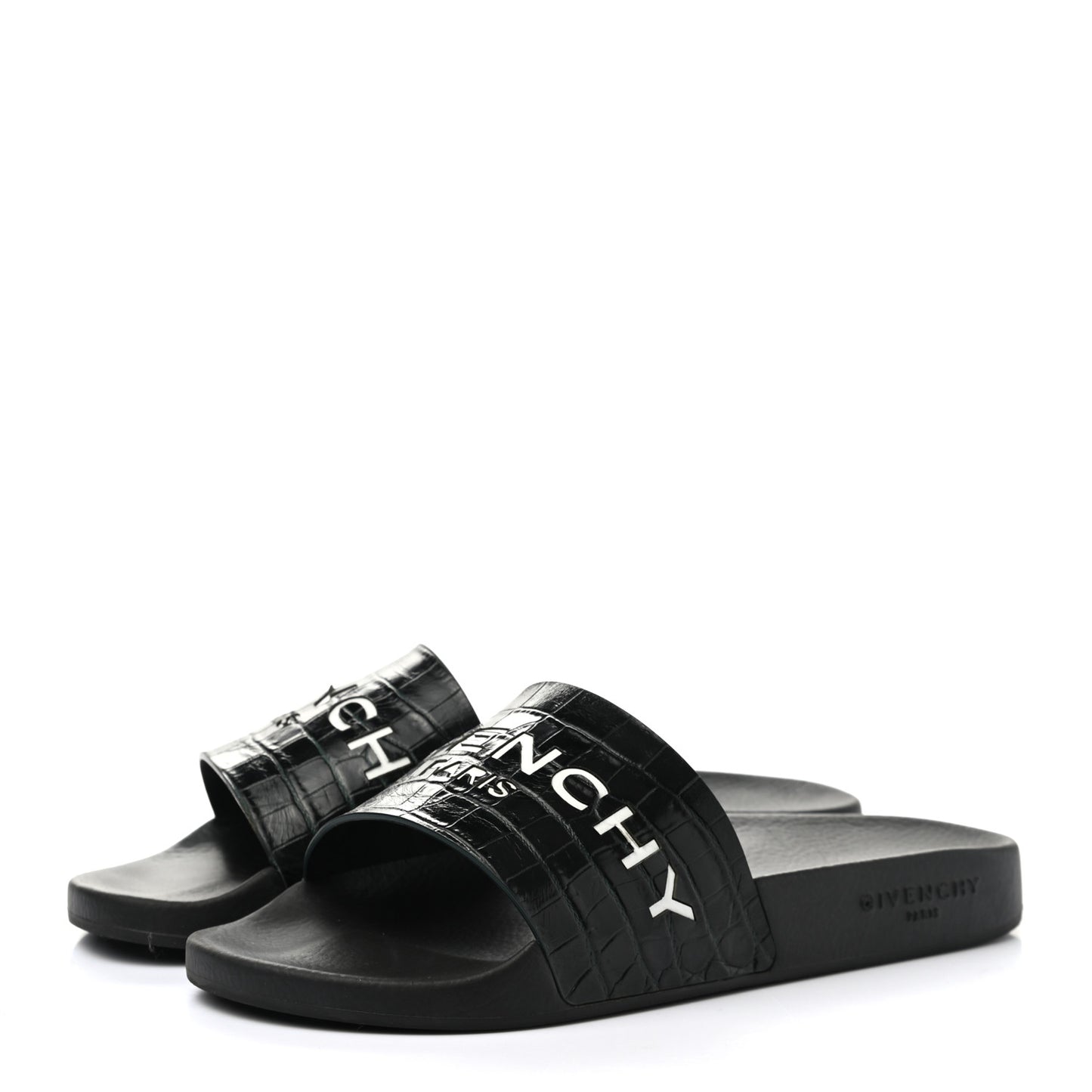 Rubber Crocodile Embossed Logo Pool Slide Sandals 37 Black