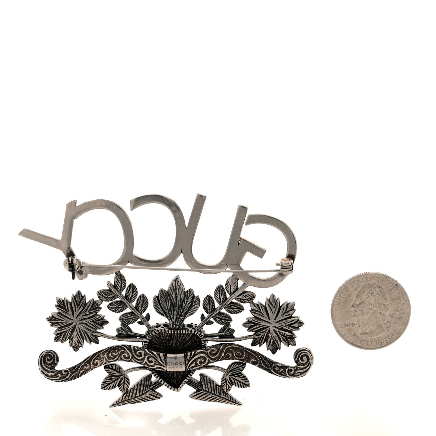 Metal Crystal Guccy Brooch Aged Silver