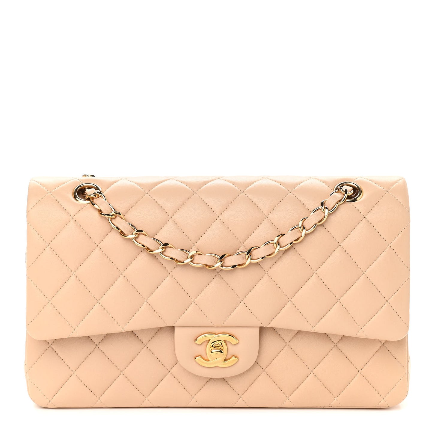 Lambskin Quilted Medium Double Flap Beige