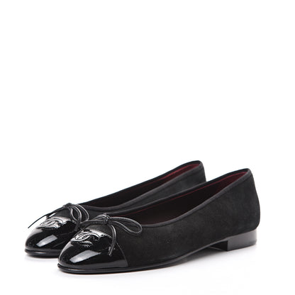 Chanel Suede Patent Cap Toe CC Ballerina Flats 36.5 Black 3 of 9