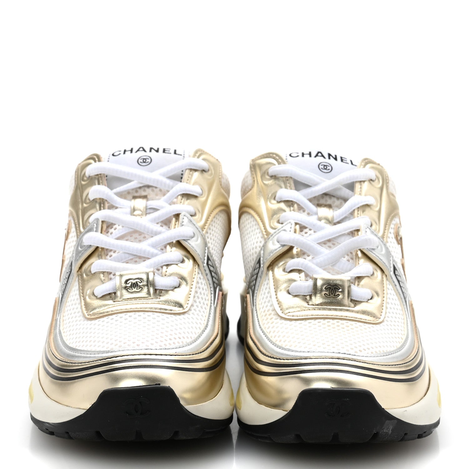 Chanel Fabric Laminated Calfskin Stretch CC Sneakers 38 White Gold