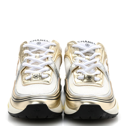 Chanel Fabric Laminated Calfskin Stretch CC Sneakers 38 White Gold Silver 3 of 11