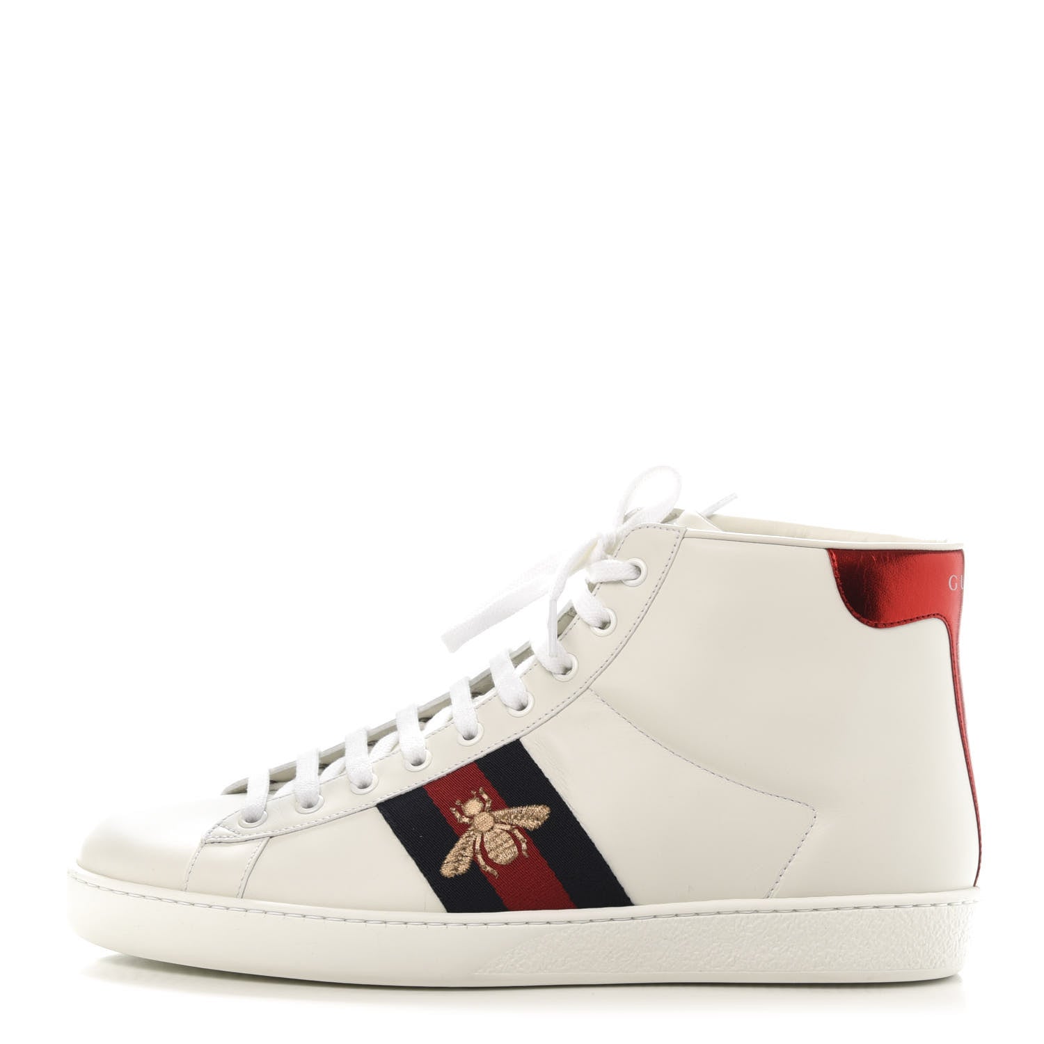 Gucci Calfskin Miro Soft Web Bee Embroidered Mens Ace High Top Sneakers 9 White 1 of 10