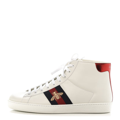 Gucci Calfskin Miro Soft Web Bee Embroidered Mens Ace High Top Sneakers 9 White 1 of 10