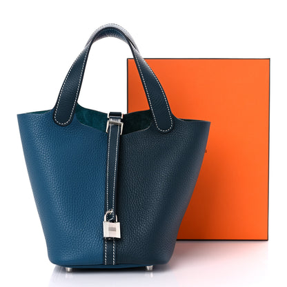 Hermes Taurillon Clemence Casaque Picotin Lock 18 PM Vert Bosphore Vert Cypress 12 of 12