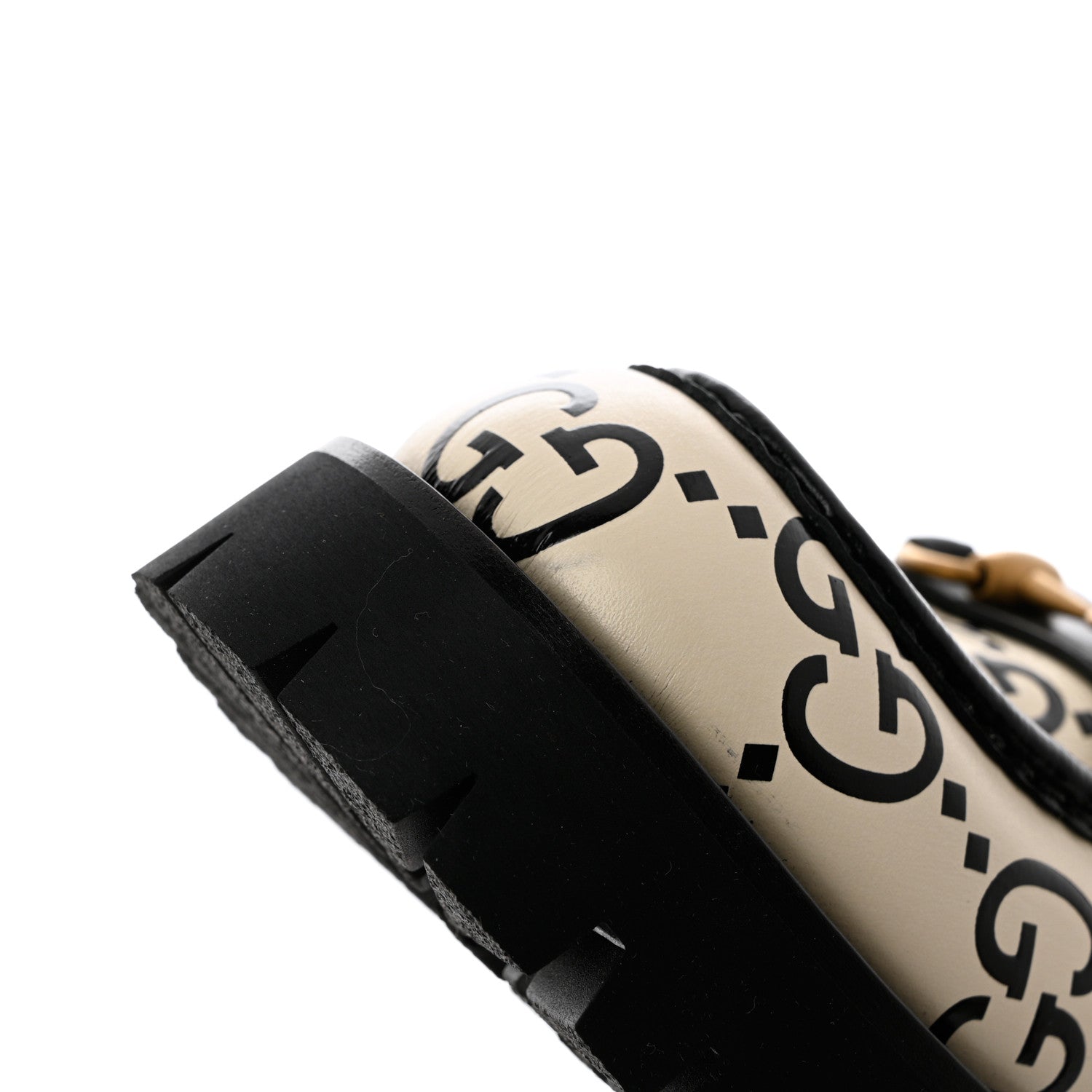 Gucci Azalea Calfskin GG Monogram Bi-Color Debossed Womens Harald Horsebit 25mm Platform Loafers 38.5 Mystic White Black 9 of 10