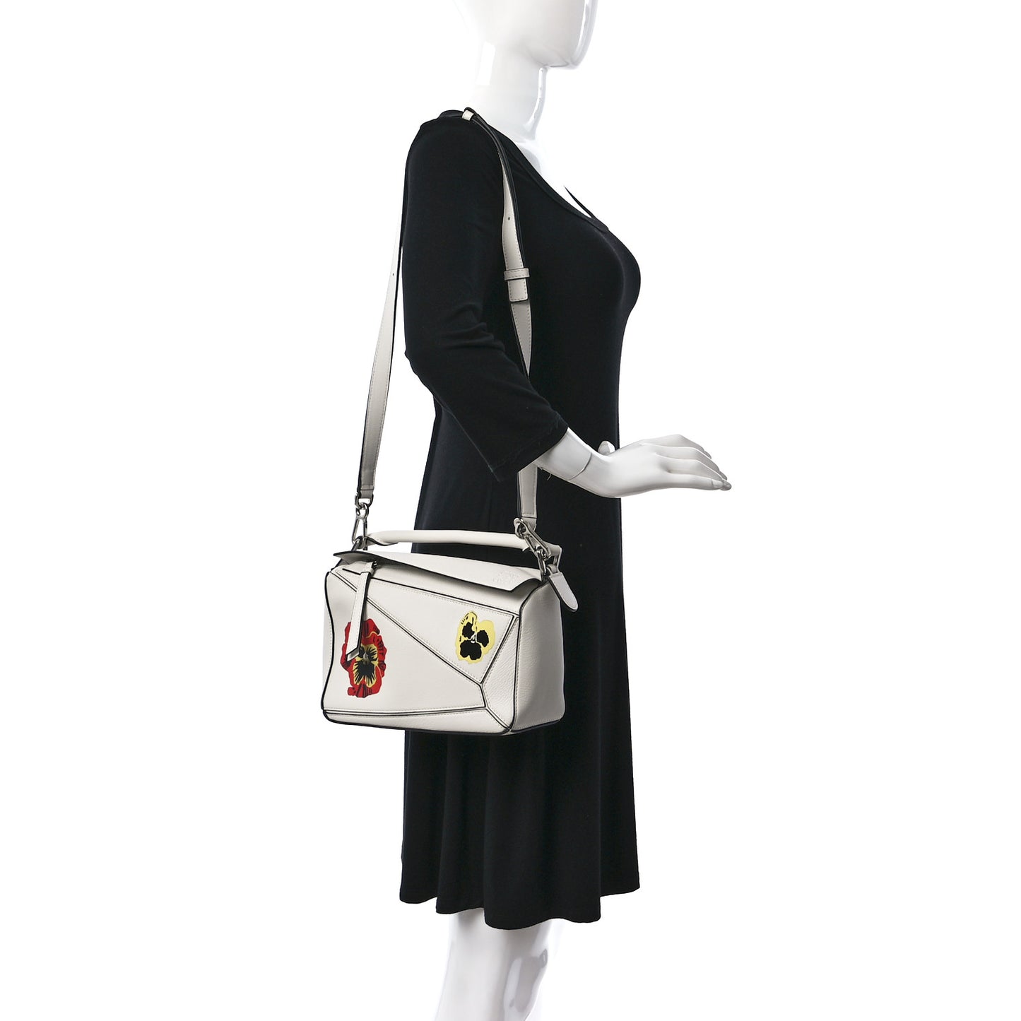Calfskin Small Pansies Print Puzzle Bag Soft White