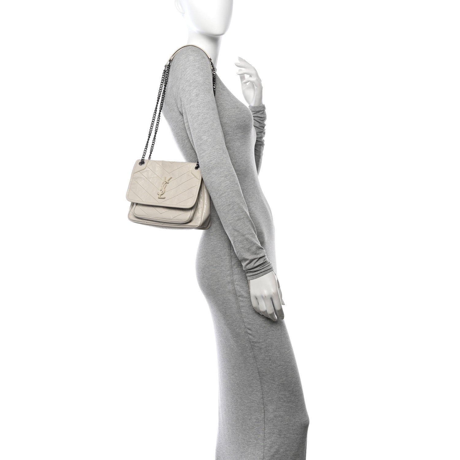 Saint Laurent Crinkled Calfskin Matelasse Monogram Baby Niki Chain Satchel Blanc Vintage 2 of 9