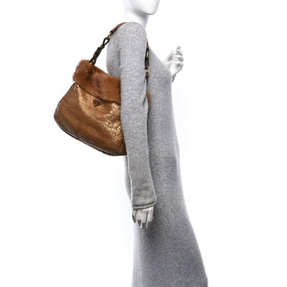 Prada Metallic Suede Mink Shearling Crocodile Embossed Tote Gold 2 of 10