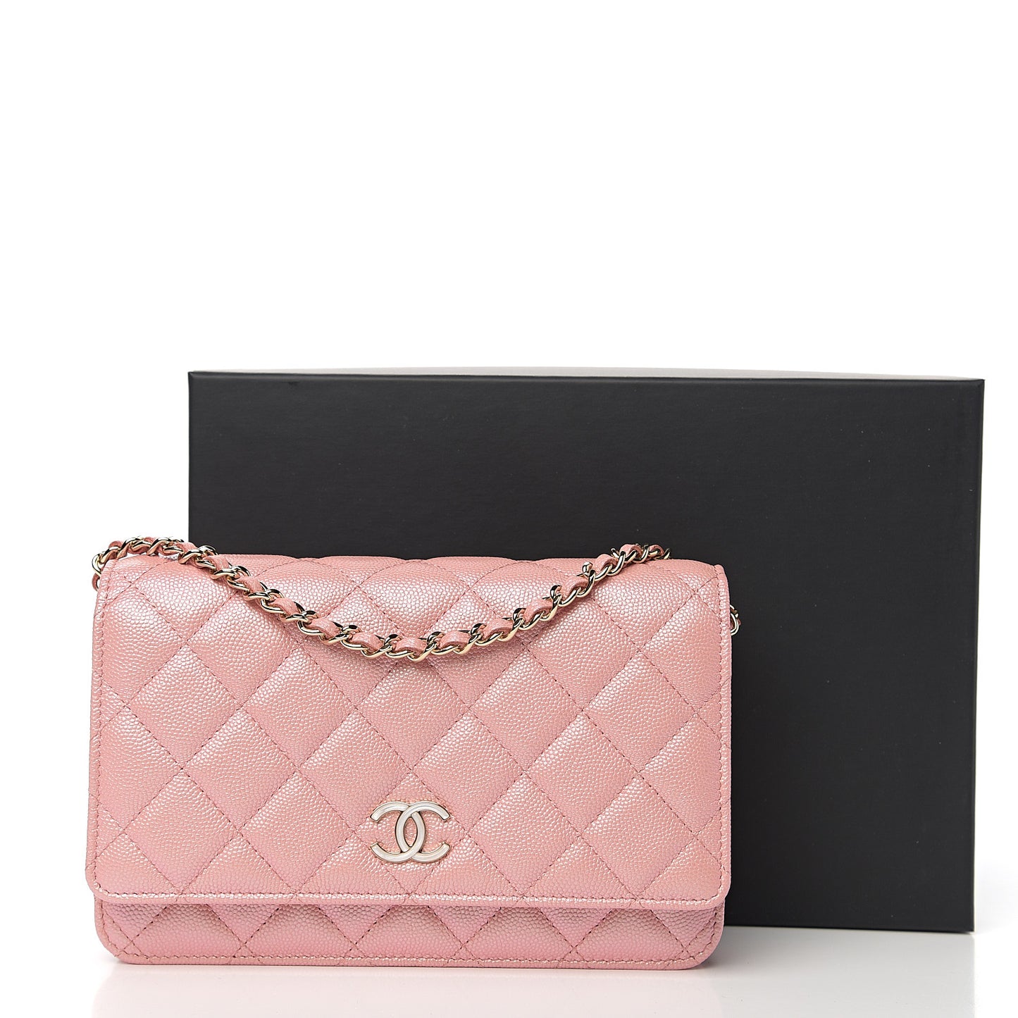Iridescent Caviar Quilted Wallet on Chain WOC Pink