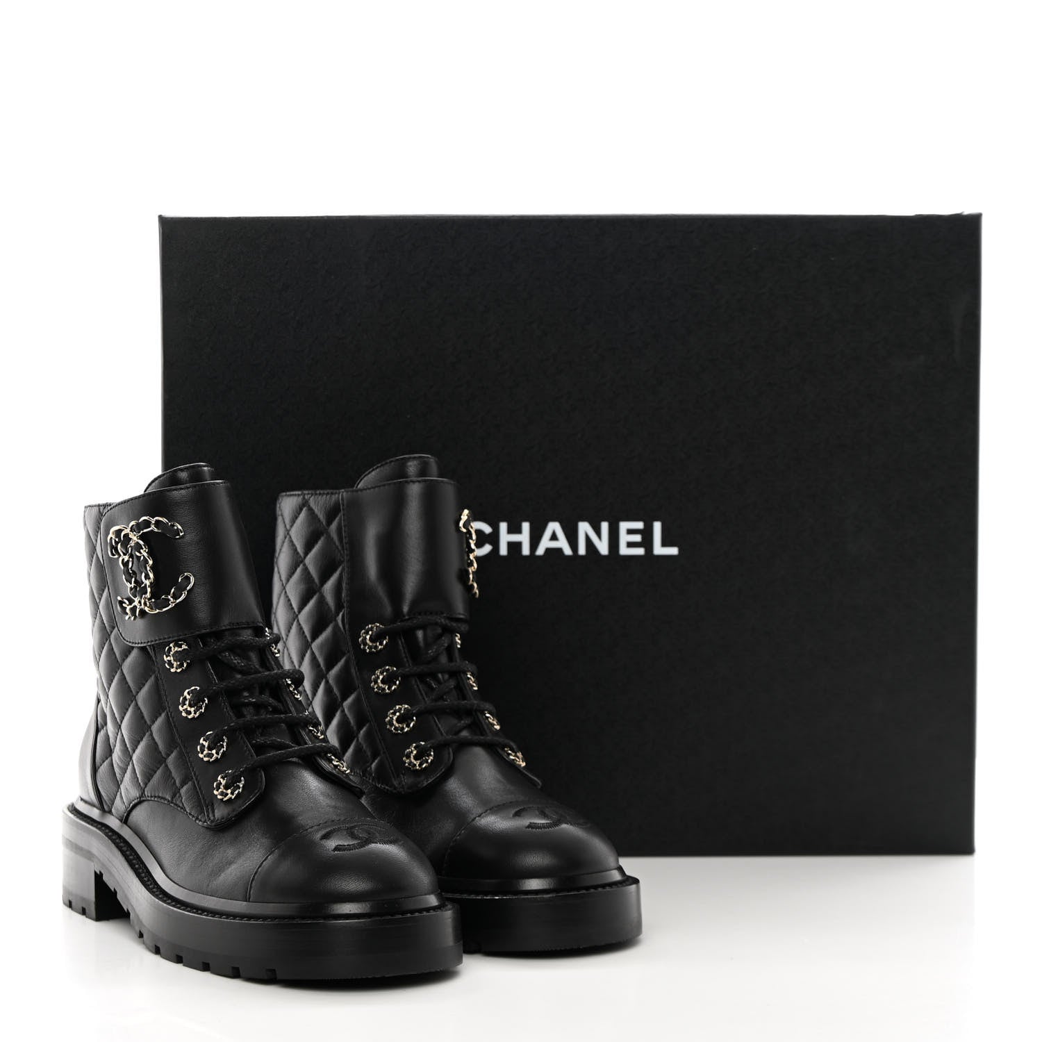 Chanel Shiny Lambskin Quilted Lace Up Combat Boots 35.5 Black 11 of 11