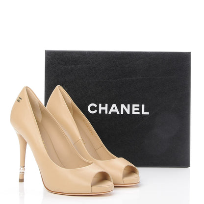 Chanel Lambskin Pearl Peep Toe Pumps 36.5 Beige 9 of 9