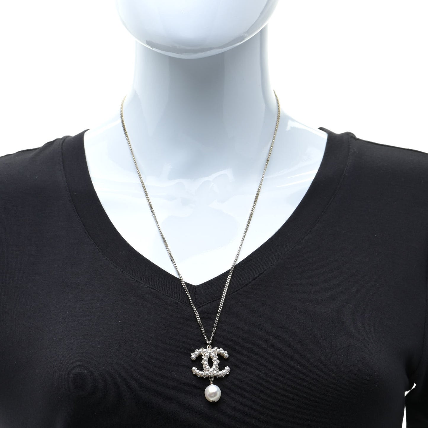 Crystal Pearl CC Drop Necklace Gold