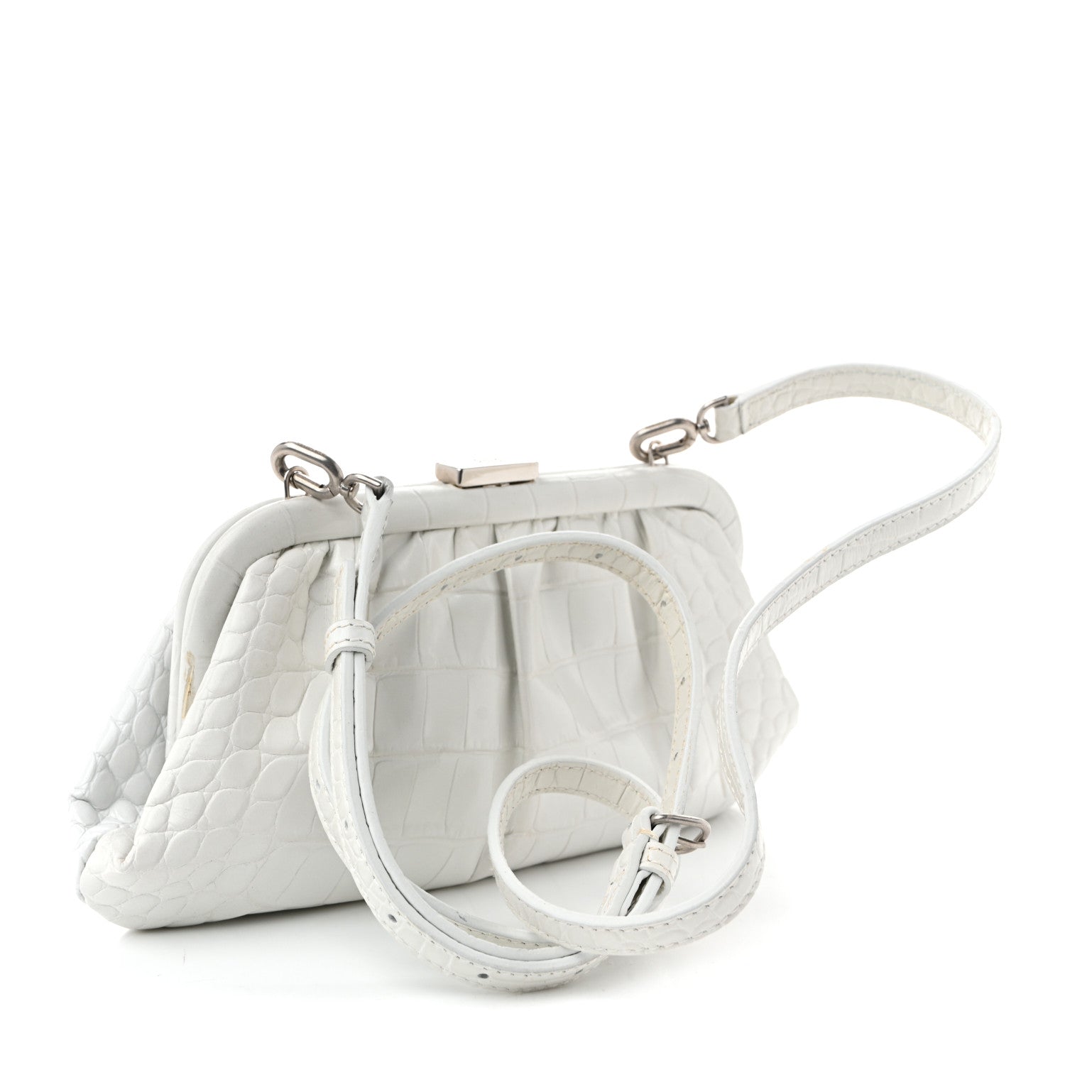 Balenciaga Shiny Supple Calfskin Logo Crocodile Embossed Cloud Clutch XS White 3 of 11