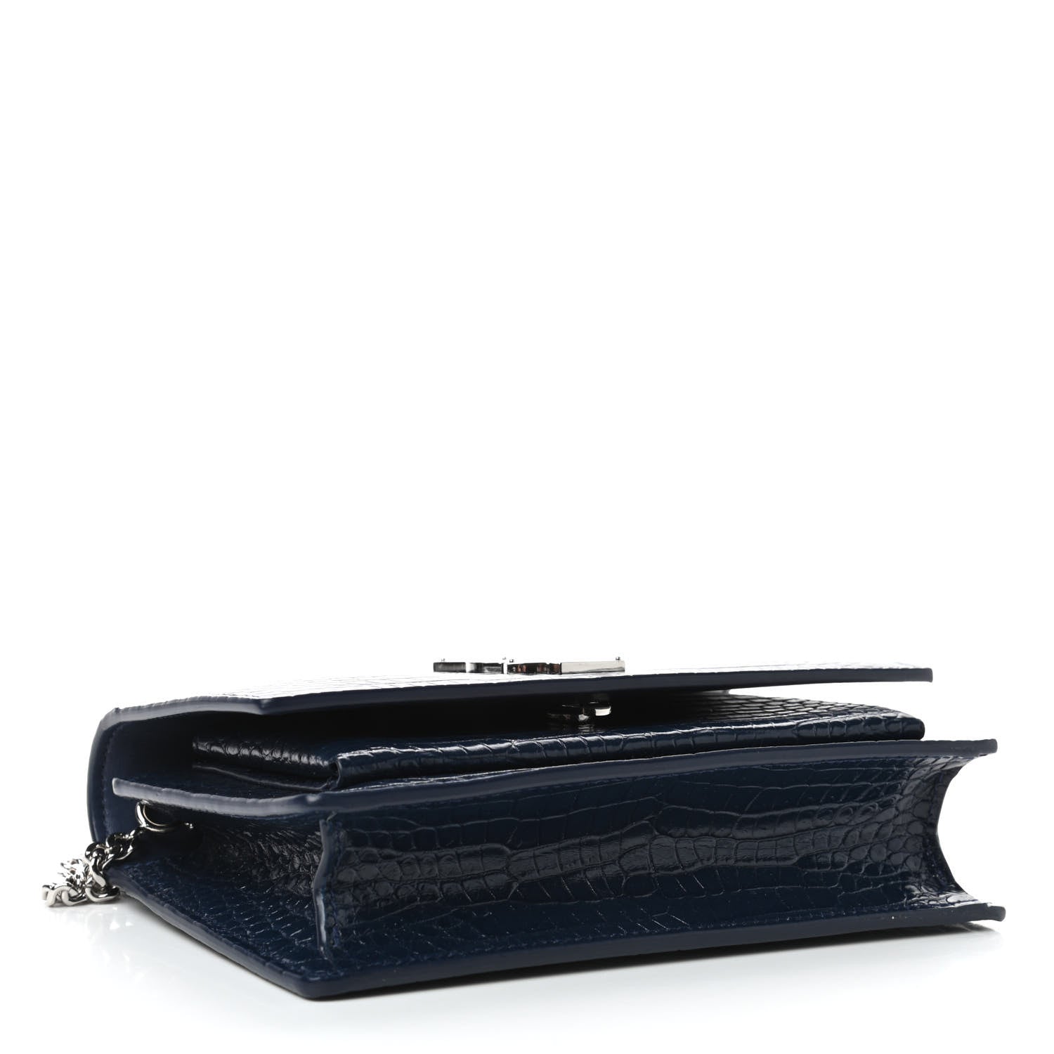 Saint Laurent Calfskin Crocodile Embossed Monogram Sunset Chain Wallet New Cobalt 3 of 4