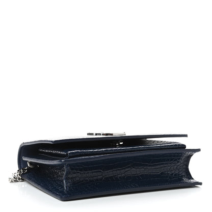 Saint Laurent Calfskin Crocodile Embossed Monogram Sunset Chain Wallet New Cobalt 3 of 4