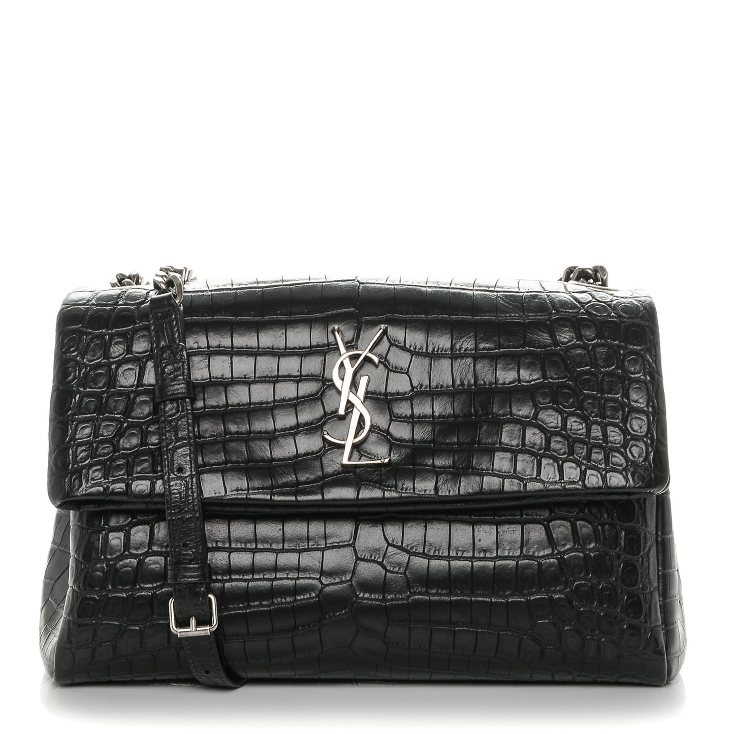 Calfskin Crocodile Embossed Medium West Hollywood Monogram Fold-Over Black