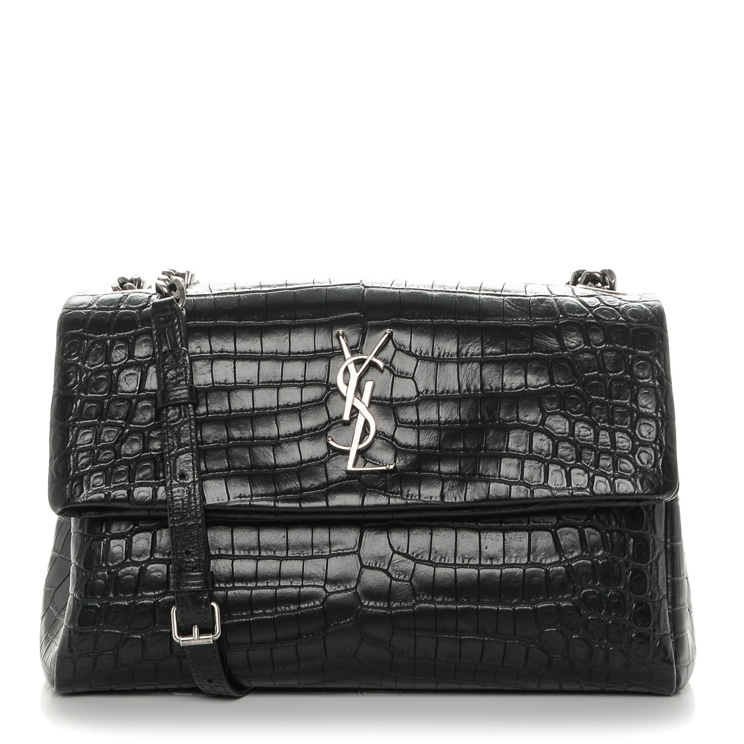 Saint Laurent Calfskin Crocodile Embossed Medium West Hollywood Monogram Fold-Over Black 1 of 6