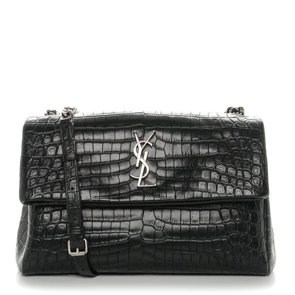 Saint Laurent Calfskin Crocodile Embossed Medium West Hollywood Monogram Fold-Over Black 1 of 6