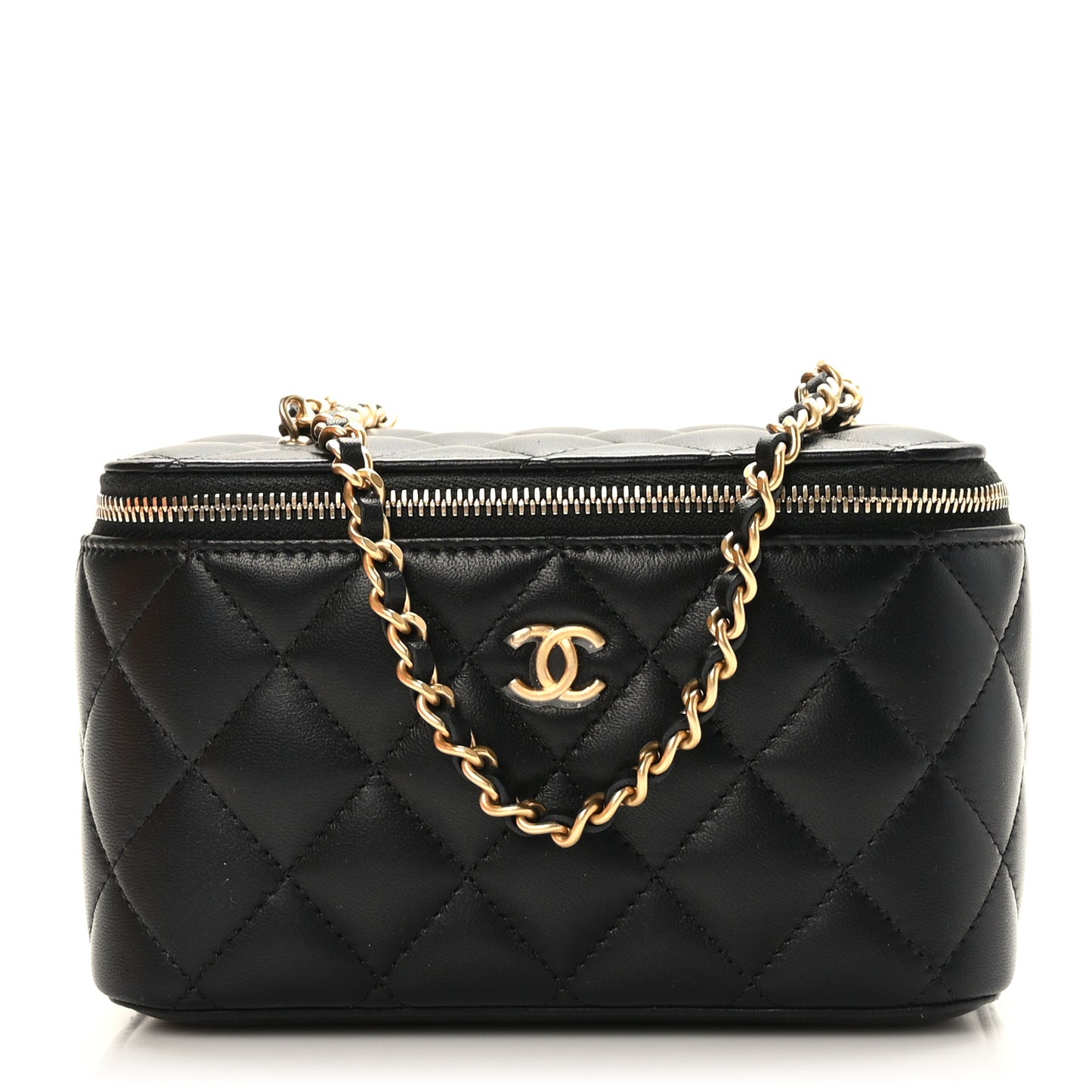 Lambskin Quilted Pearl Crush Small Vanity Case With Chain Black