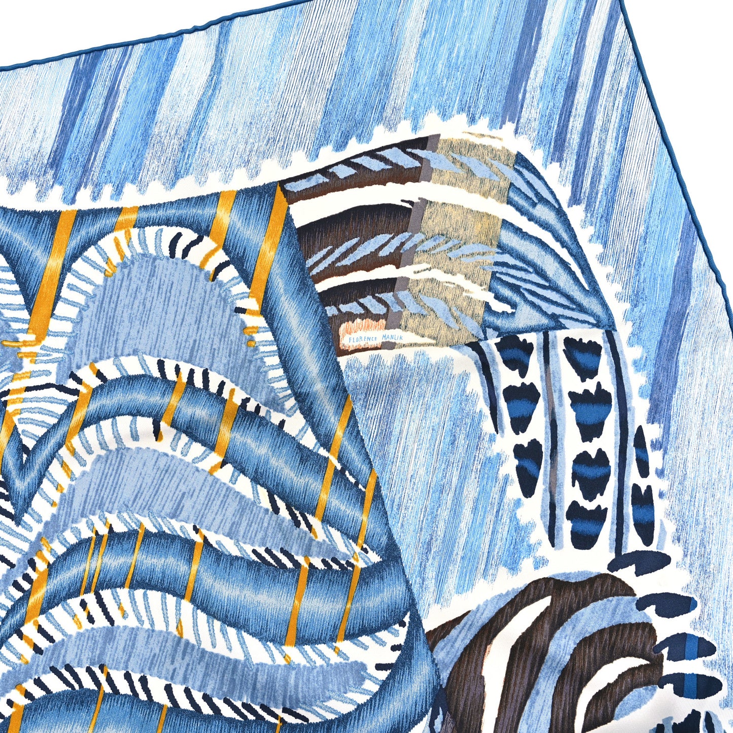 Silk Le Chat Carre Scarf 90 Bleu Caramel White