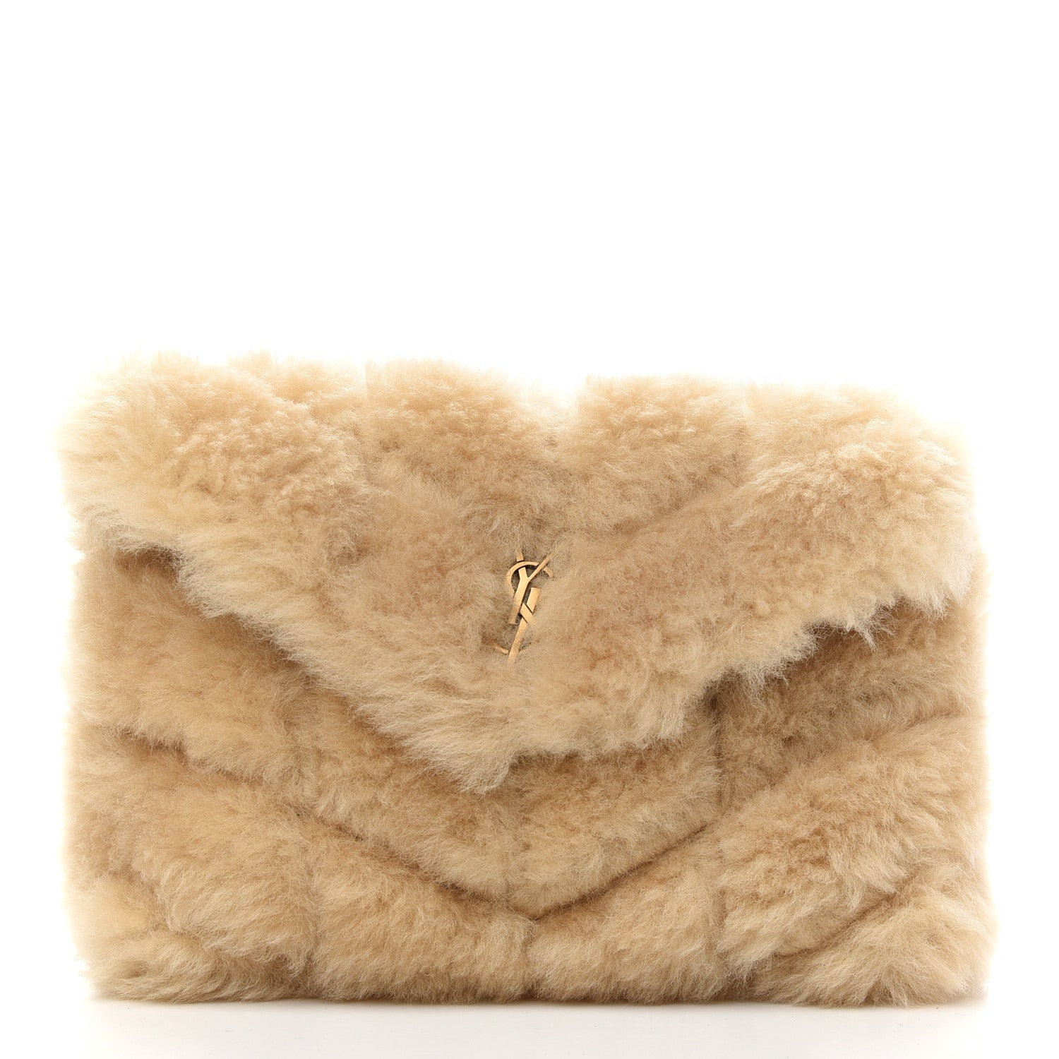 Saint Laurent Shearling Quilted Monogram Loulou Puffer Pouch Clutch Natural Beige 2 of 8