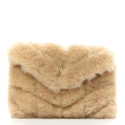 Saint Laurent Shearling Quilted Monogram Loulou Puffer Pouch Clutch Natural Beige 2 of 8
