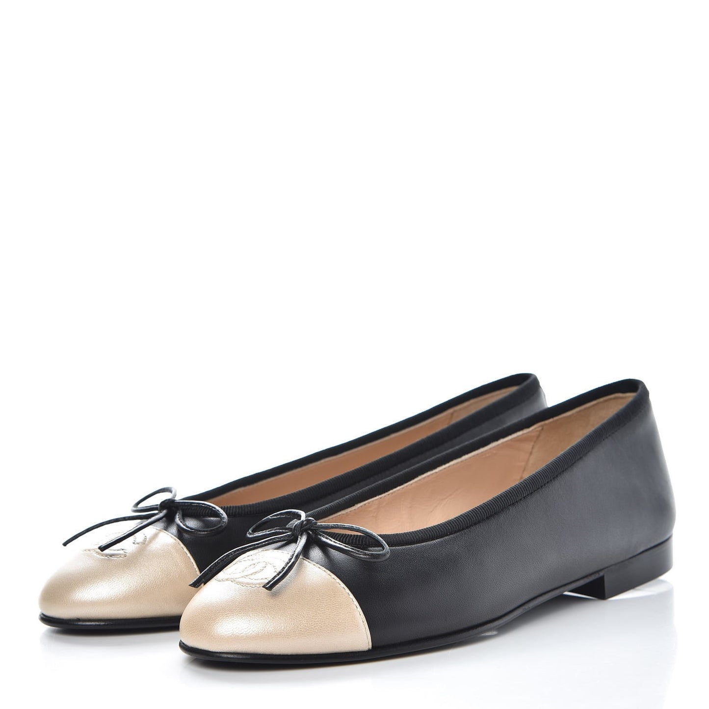 Lambskin Cap Toe Ballerina Flats 36 Black Light Gold