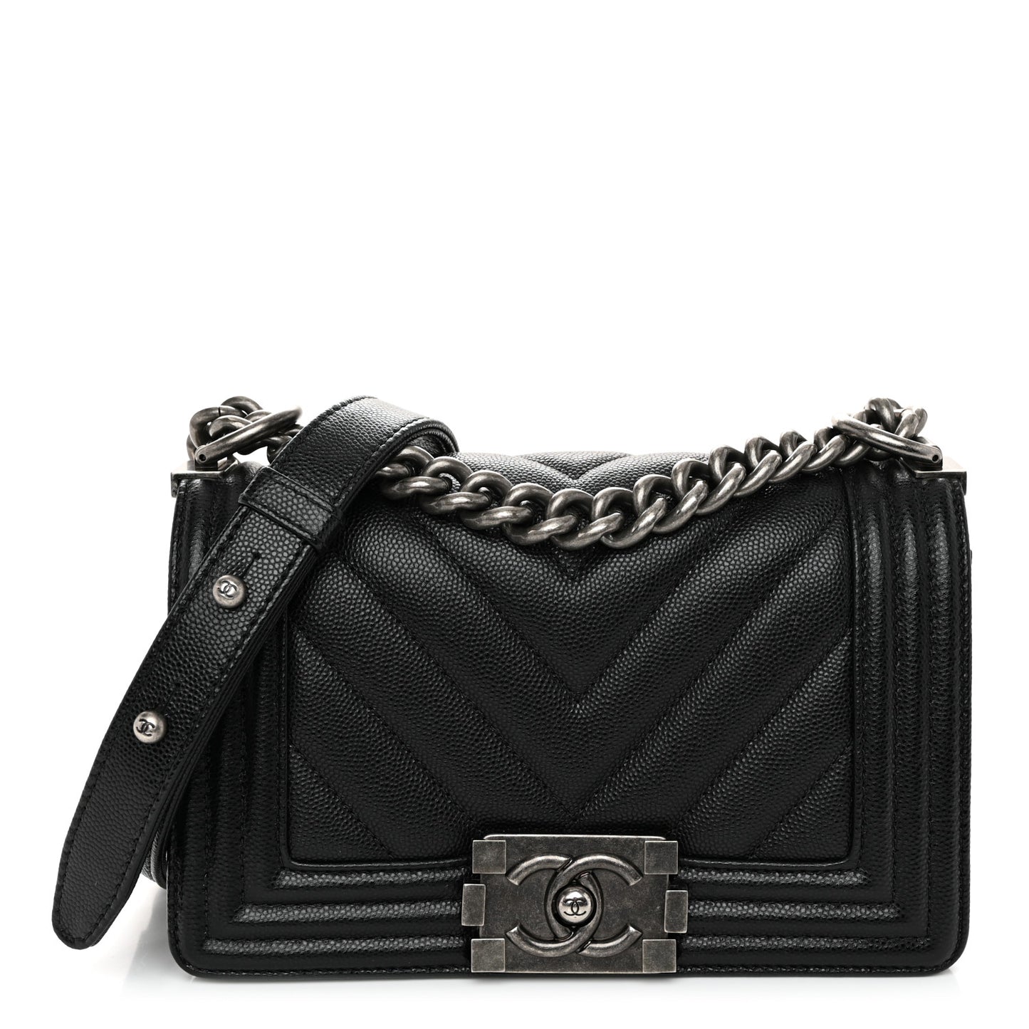 Caviar Chevron Quilted Small Boy Flap Black