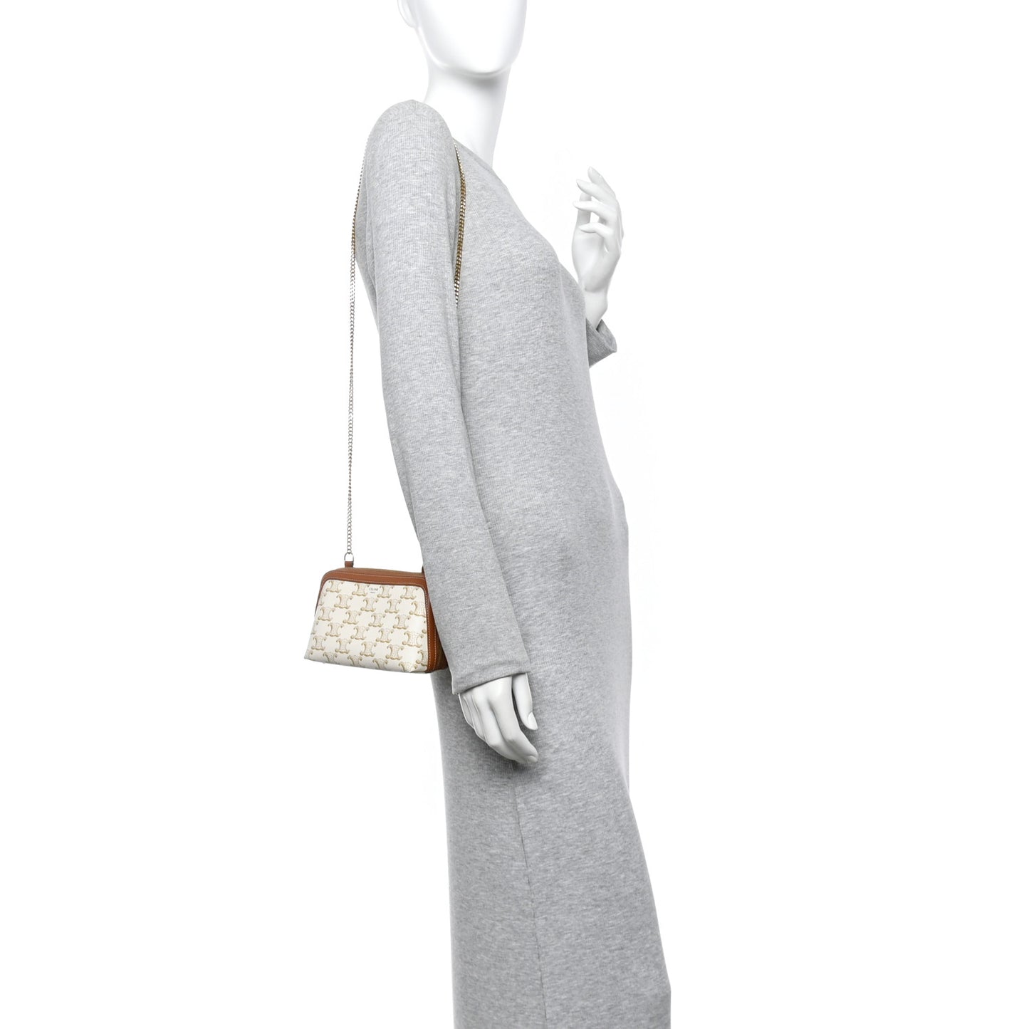 Lambskin Triomphe Canvas Clutch With Chain White Tan