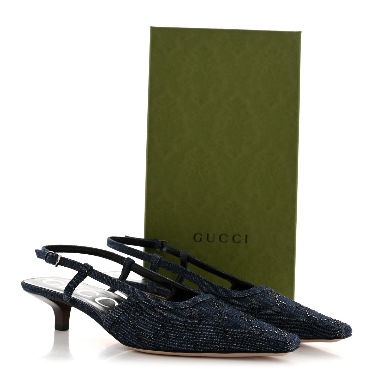 Denim GG Monogram Malaga Kid Crystal Square G 35mm Slingback Pumps 39.5 Blue