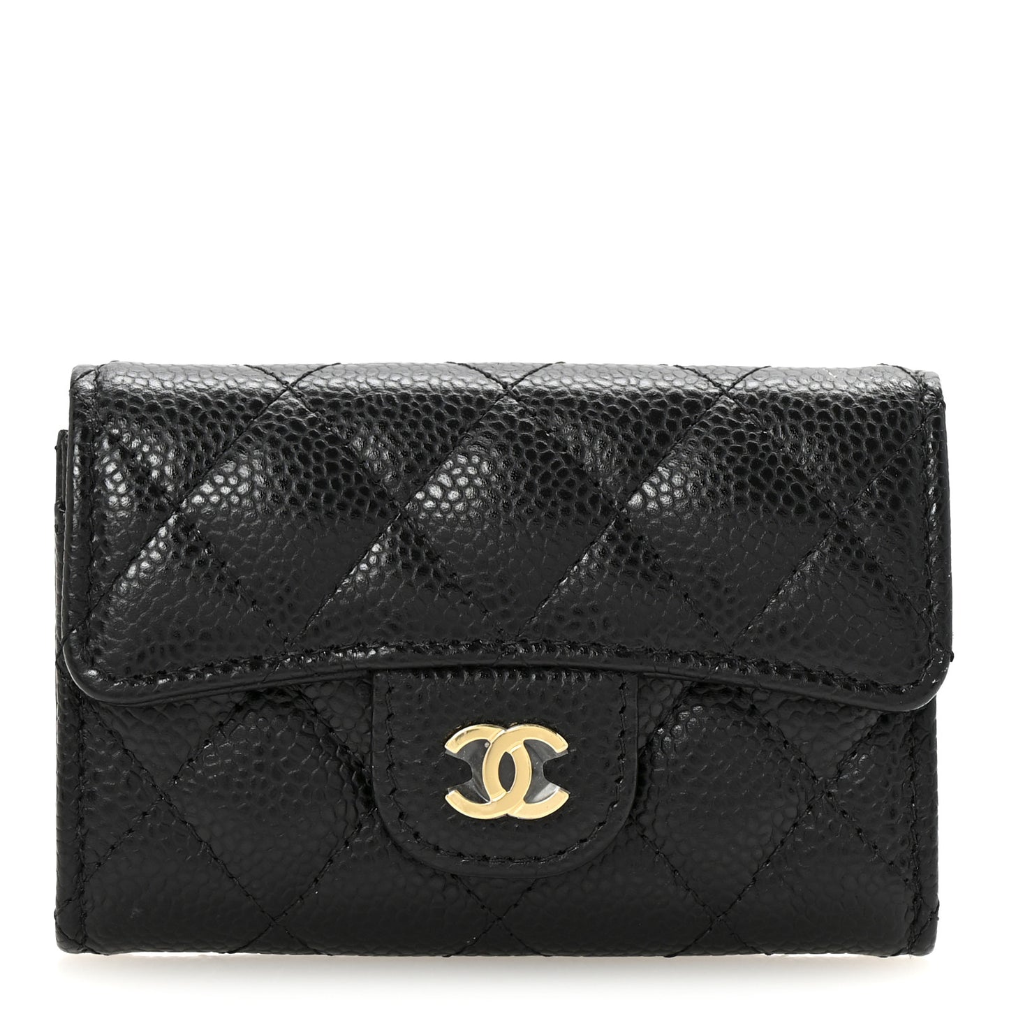 Caviar Quilted Flap Card Holder Wallet Black