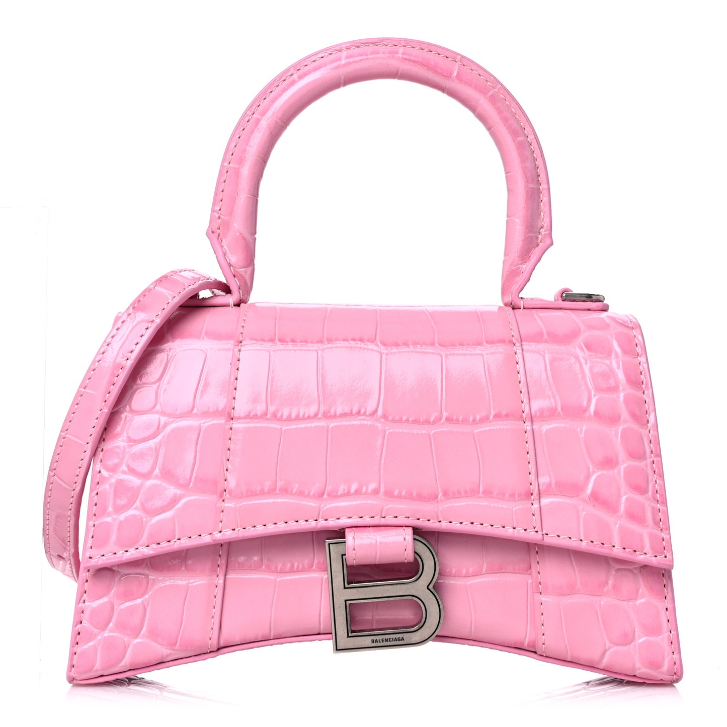 Shiny Calfskin Crocodile Embossed Hourglass Top Handle Bag XS Pink