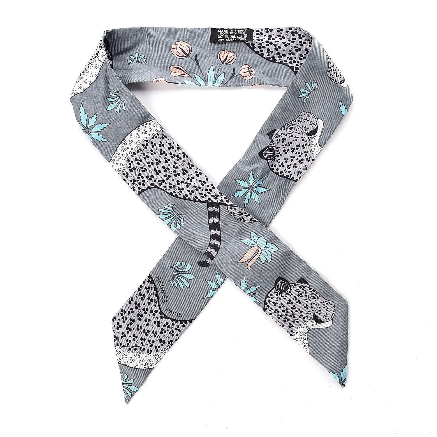 Hermes Silk Les Leopards Twilly Gris Acier Gris Perle Peach 1 of 5