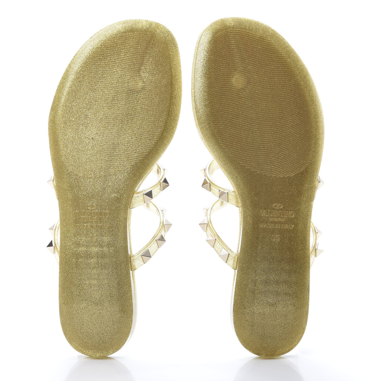 Valentino Garavani PVC Jelly Glitter Rockstud Caged Flat Thong Sandals 35 Oro 5 of 9