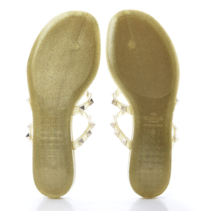 Valentino Garavani PVC Jelly Glitter Rockstud Caged Flat Thong Sandals 35 Oro 5 of 9