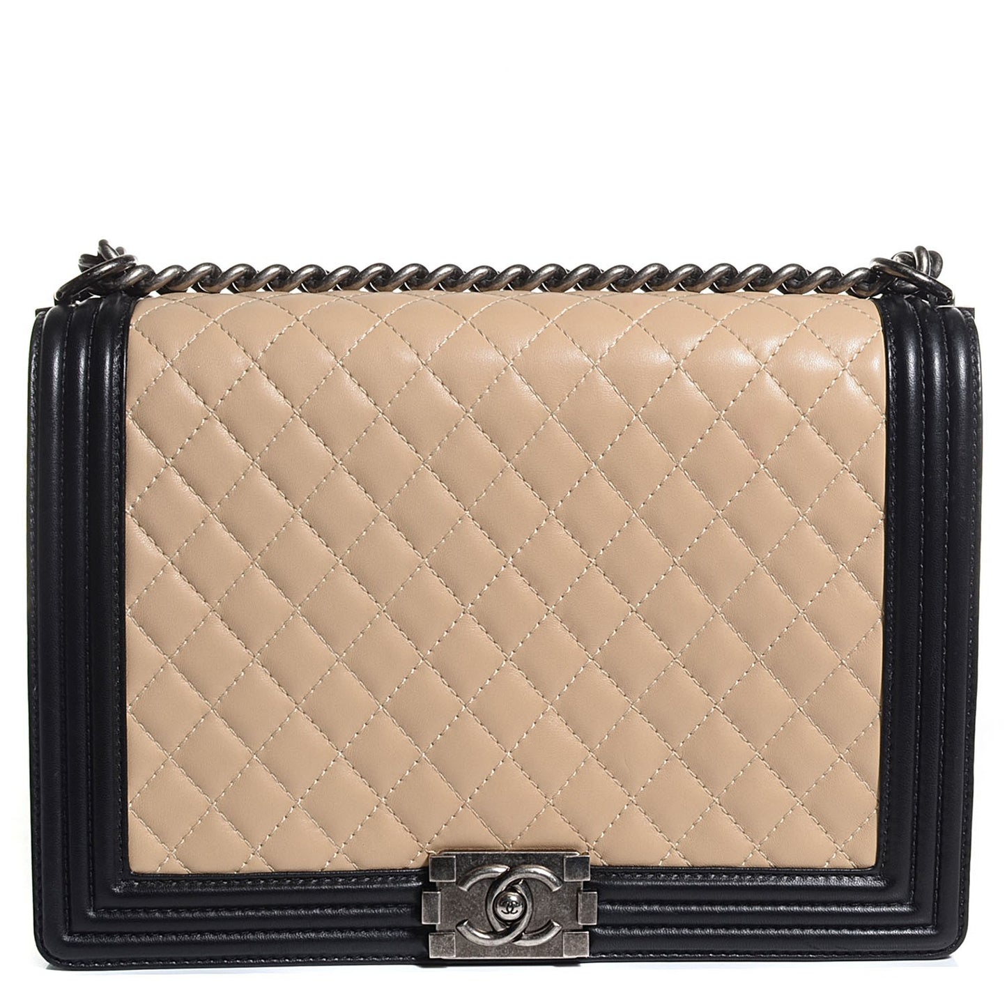 Lambskin Quilted Large Boy Flap Beige Black