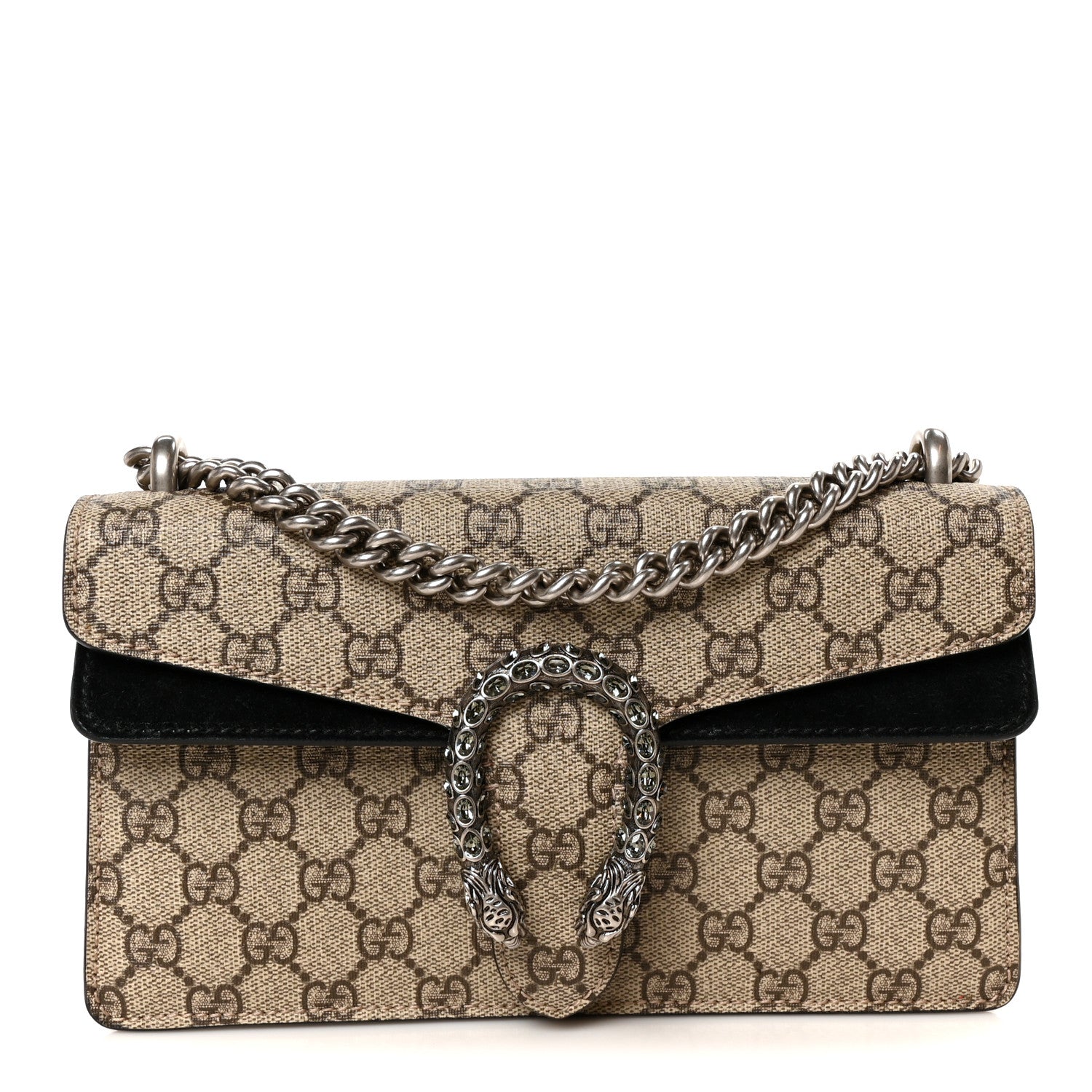 Gucci GG Supreme Monogram Suede Crystal Small Dionysus Shoulder Bag Beige Ebony Black 1 of 10
