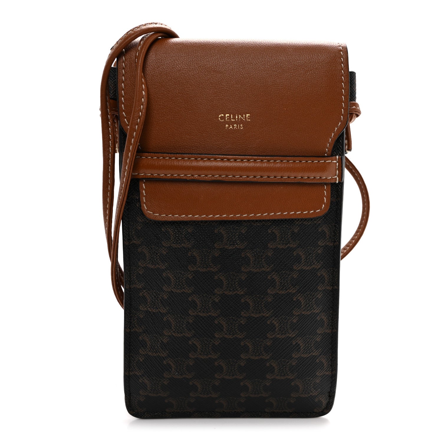 Celine Triomphe Canvas Lambskin Phone Pouch With Flap Tan 1 of 9