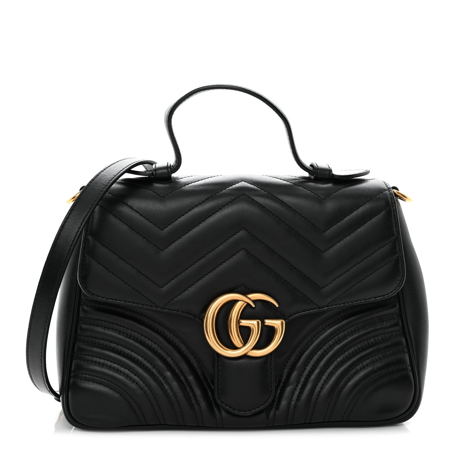 Gucci Calfskin Matelasse Small GG Marmont Top Handle Shoulder Bag Black 1 of 12