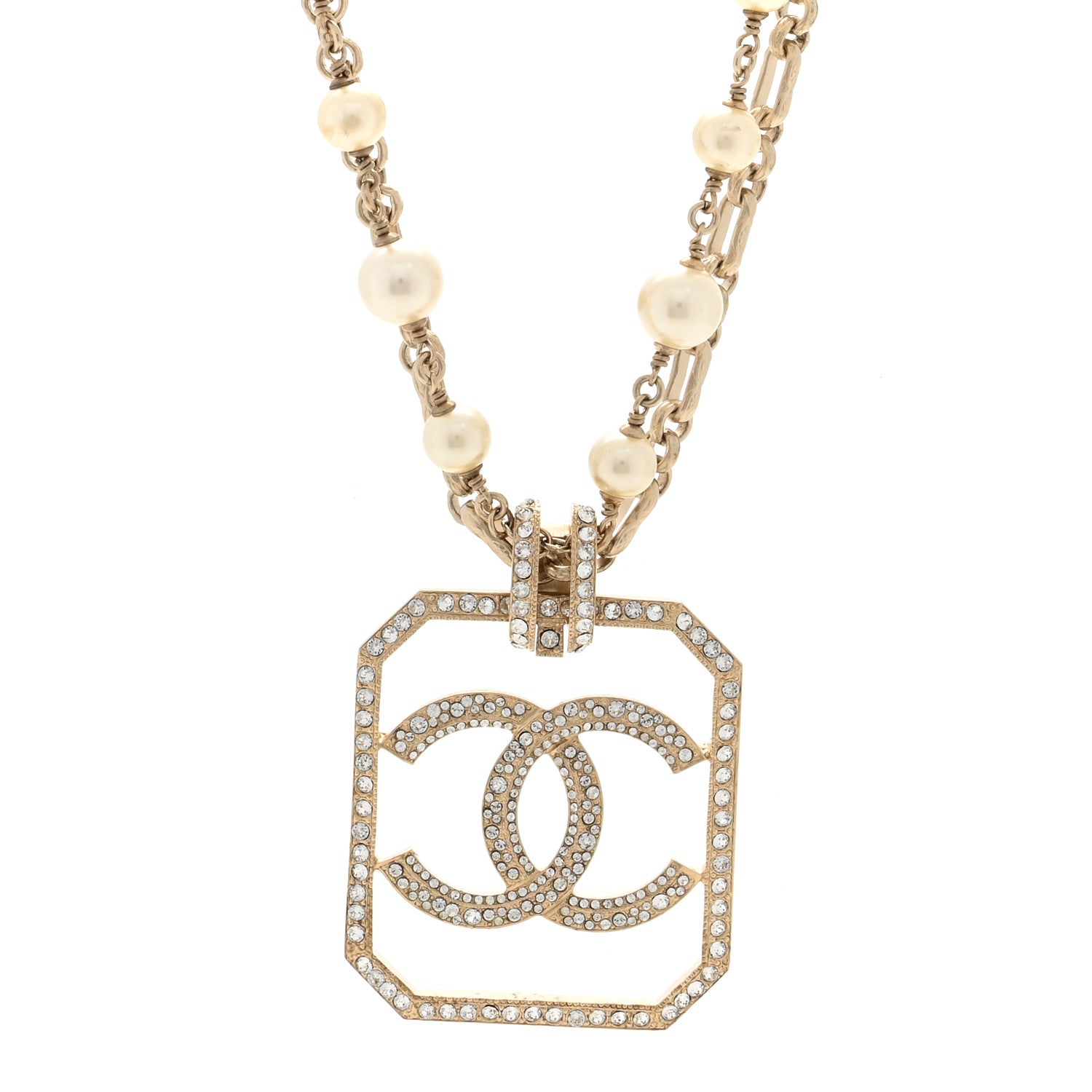Chanel Pearl Crystal CC Double Strand Necklace Gold 1 of 5