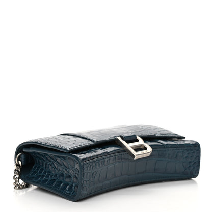 Balenciaga Shiny Calfskin Crocodile Embossed Hourglass Chain Bag Dark Petrol Blue 4 of 9