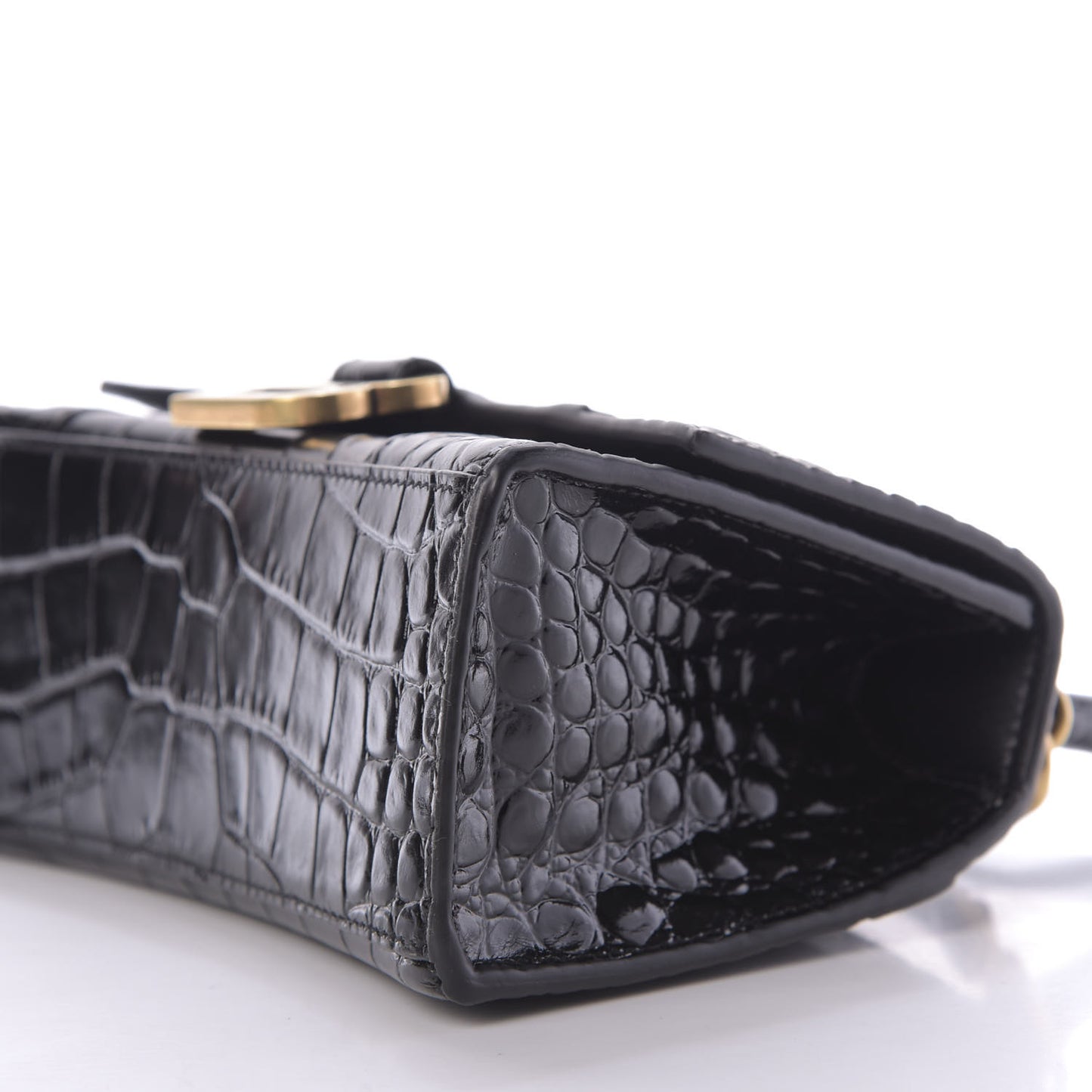 Shiny Calfskin Crocodile Embossed Hourglass Top Handle Bag XS Black