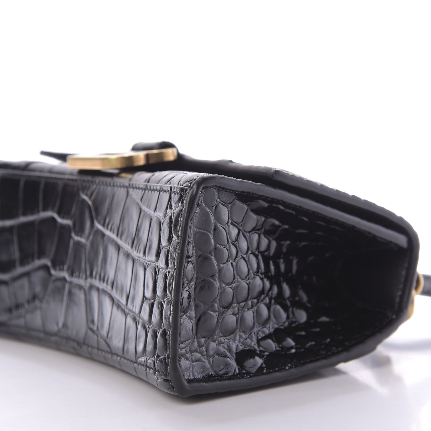 Balenciaga Shiny Calfskin Crocodile Embossed Hourglass Top Handle Bag XS Black 7 of 8