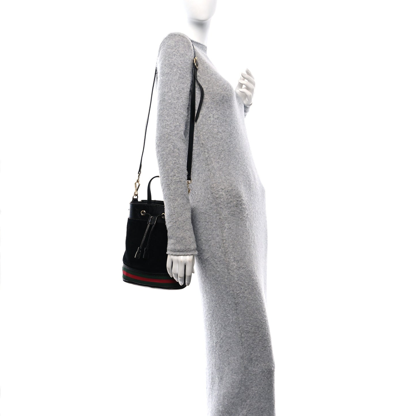 Suede Patent Web Small Ophidia Bucket Bag Black