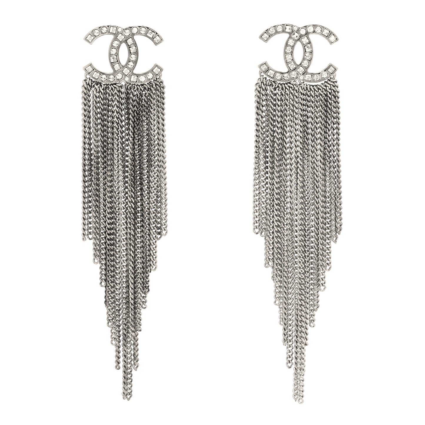 Baguette Crystal CC Chain Drop Earrings Silver