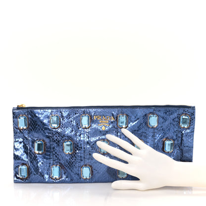 Prada Metallic Snakeskin Jeweled Clutch Denim 2 of 9